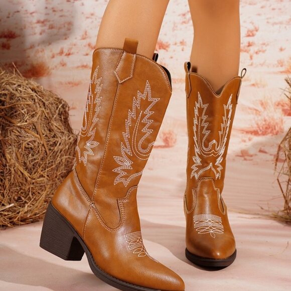 Fashion Embroidered Thick Heel Mid-Calf Boots/Women's Western Boots - Picture 4 of 4